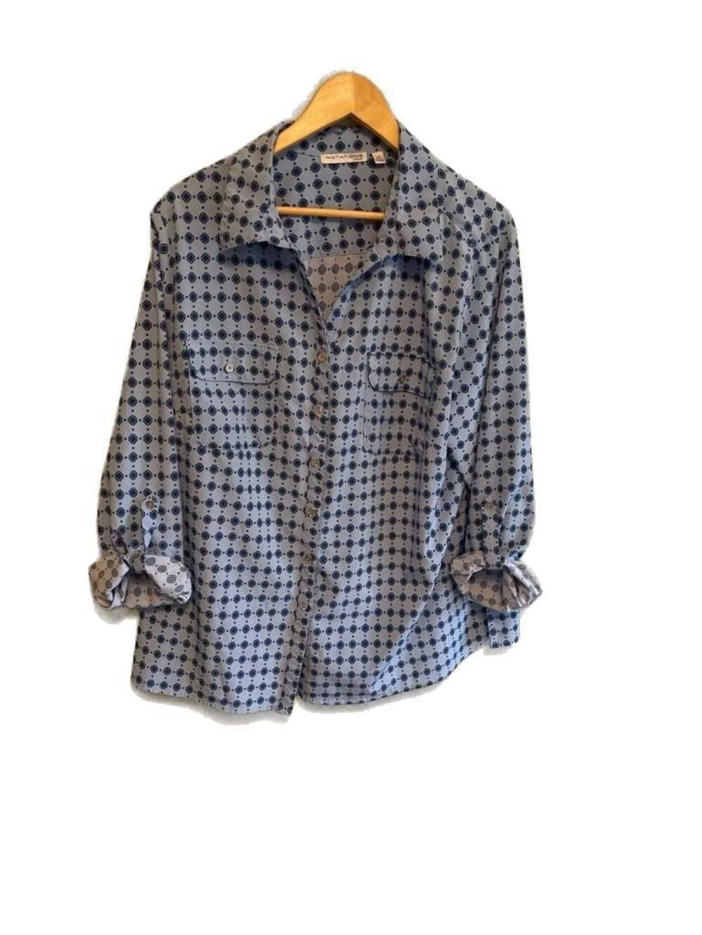Y2K Women's 2XL Vibrant Blue Geometric Diamond Print Roll-Tab Sleeve Blouse - Picture 3 of 7